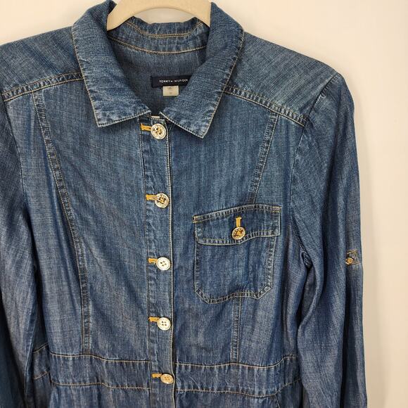 Tommy Hilfiger Chambray Shirt Dress 10 Short Collared Button Front Med Wash Blue - Picture 6 of 11